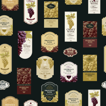 Seamless pattern with ornate wine labels in retro style. Repeating vector background on the theme of wine and wineries. Suitable for vintage Wallpaper, wrapping paper, fabric