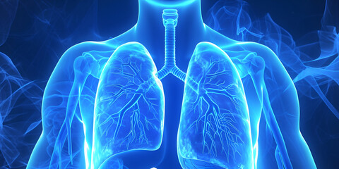 human respiratory system lung anatomy, cancer breath test trachea , pneumonic consolidation, Lung x ray , white spots in the pneumonic X-ray called infiltrates, human lung anatomy blue, smoke , chest  - obrazy, fototapety, plakaty