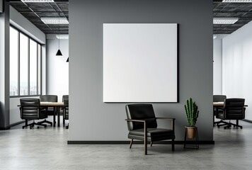 An empty white poster frame enhances the contemporary ambiance of the meeting room. Made with generative AI technology