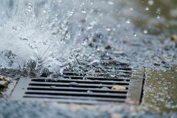 closeup of raindrops splashing near a storm drain