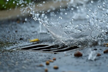 closeup of raindrops splashing near a storm drain - obrazy, fototapety, plakaty