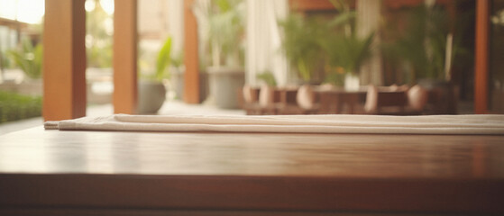 Wooden table spa bokeh background, empty wood desk product display mockup with relaxing wellness massage salon blurry abstract backdrop, body care cosmetic ads presentation. Mock up, copy space .