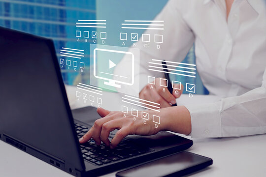 E-learning, education, online exam concept.Choose correct answer. Education internet online digital technology concept