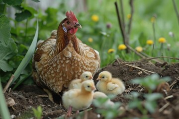 Cute picture of the hen guarding the little chicks. Generative AI