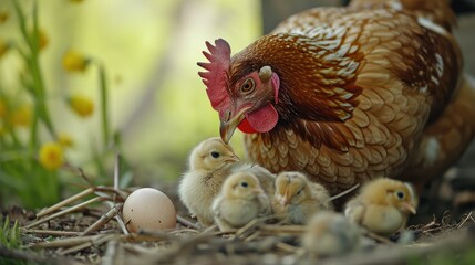 Cute picture of the hen guarding the little chicks. Generative AI