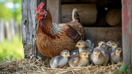 Cute picture of the hen guarding the little chicks. Generative AI