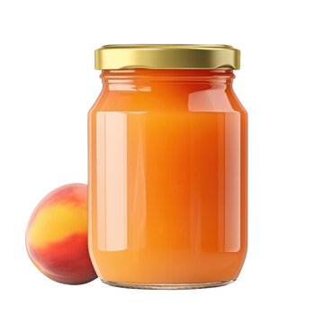 Blank peach jam jar without label near a peach isolated on a cut out PNG transparent background