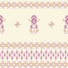 Indian Ikat Motif ethnic handmade seamless patter.Floral Ethnic on beige background.Concept for ornament print curtain,folk embroidery,Indian lehengha blouse pattern, Asia, Turkey,Aztec geometric art.