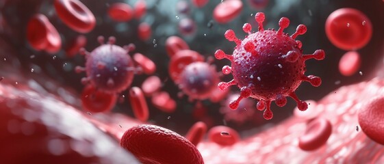 Human T-lymphotropic Virus (HTLV) in a Blood Cell Environment, Stealth and Impact on Immune System Highlighted in Color.
 - obrazy, fototapety, plakaty