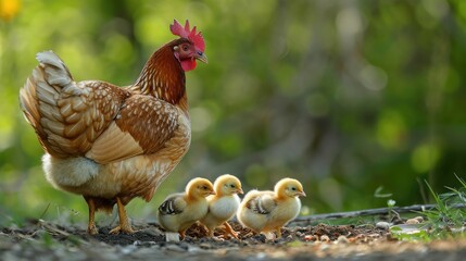 Fototapeta premium Cute picture of the hen guarding the little chicks. Generative AI