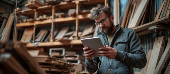 Carpenter using a tablet computer while working in the carpentry workshop.