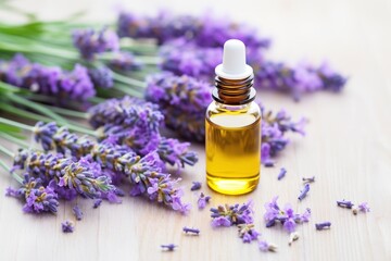 Obraz na płótnie Canvas lavender flowers next to dropper bottle of essential oil