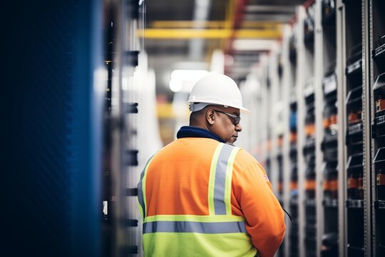worker in a data center with server racks