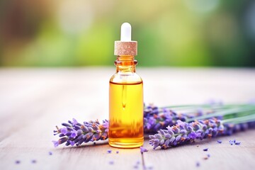 Obraz na płótnie Canvas a closeup of lavender essential oil in a dropper bottle