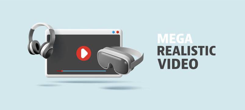 Video display, virtual reality glasses, headphones. 3D. Design concepts of new video technologies, reality, image quality, presence effect. New gadgets. Vector