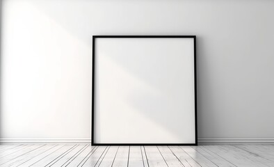 Empty white poster frame on wooden floor. Made with generative AI technology