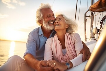 a couple of active happy pensioners is relaxing on a yacht. Luxury vacation for a loving couple age 60 plus - obrazy, fototapety, plakaty