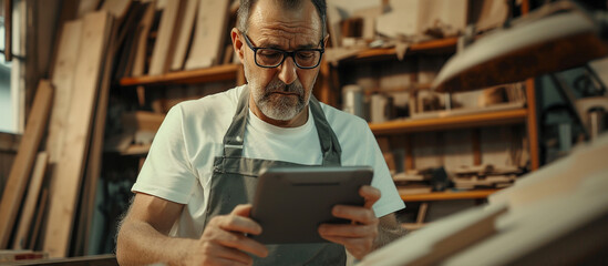 Carpenter using a tablet computer while working in the carpentry workshop.