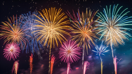 A dazzling display of fireworks bursting in vibrant colors against a midnight sky