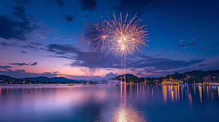 A panoramic view of a lakeside fireworks show reflecting on the calm waters below, creating a magical scene