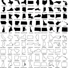 USA state Map and map outlines vector illustration, america map line drawings. Ideal for educational materials, travel content, graphic design projects. Detailed, accurately represented shapes