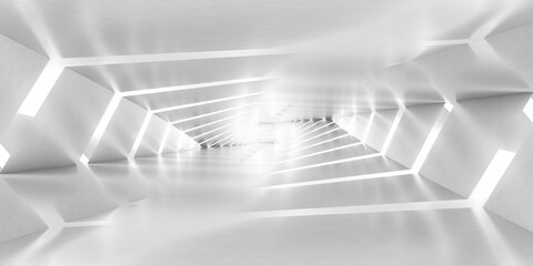 Fototapeta premium Abstract empty white tunnel perspective, panoramic digital graphic background. 3d