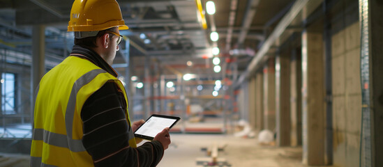 Construction worker using a tablet while working in a construction area.