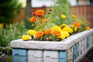 close-up of cinder block flower bed with marigolds