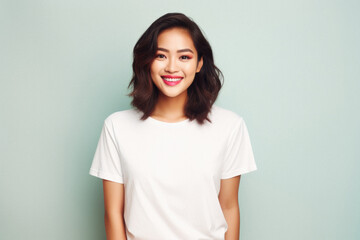 Fototapeta premium Young happy smiling Asian woman model wearing tshirt looking at camera on color background. Face skin hair care korean cosmetic and makeup, fashion ads. Beauty portrait. White t-shirt mock up template