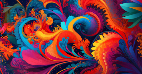 Beach cheerful seamless pattern wallpaper of tropical dark green leaves of palm trees and flowers bird of paradise (strelitzia) plumeria on a watercolor background