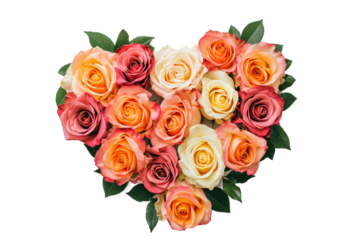 bouquet of roses in the shape of a heart, conveying a message of love and romance on a clean white surface.