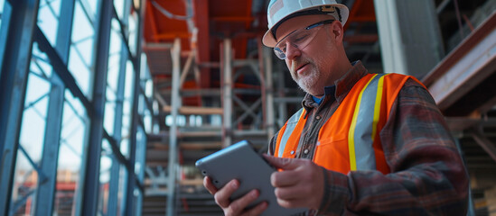 Construction worker using a tablet while working in a construction area.