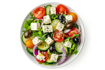 Greek salad with feta cheese, olives and crispy vegetables, white background