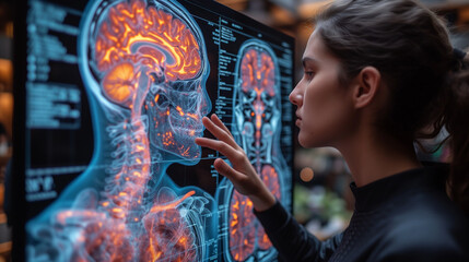 Medical professional researches human neural system and spinal nerves on holographic display