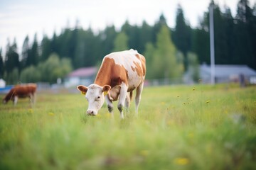 Fototapeta na wymiar cow grazing on a healthy, lushly fertilized pasture