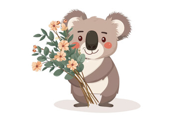 happy koala with an adorable smile holding a bouquet of eucalyptus and spring flowers, on white