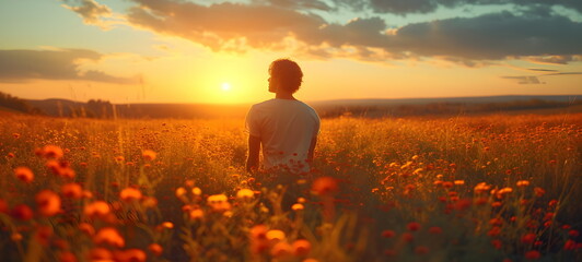 The guy looks at the sunset on the field. Spring. Warm lighting. Wildflowers.