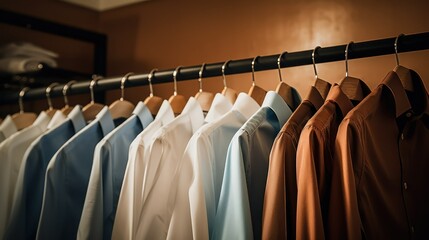 Shirts on hanger. Set of clothes in the store wardrobe or fitting room. AI generated