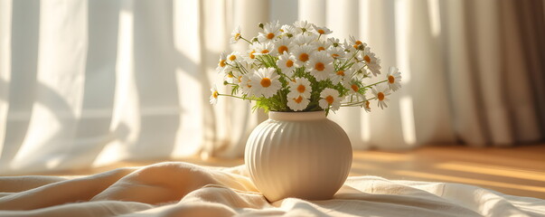 Still life in pastel colors. Daisies in a vase near the window.