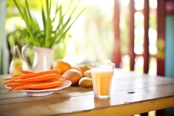 organic carrots and juice on a farm stand table