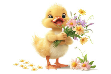 duckling with a beaming smile, joyfully carrying a bouquet of spring flowers, creating an adorable scene on white.