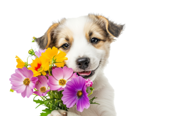 cute puppy happily clutching a bouquet of bright spring flowers, exuding joy and congratulating you on Women's Day, isolated on a white background.