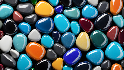 3d glassy color pile of stone pebbles isolated on a black background. 