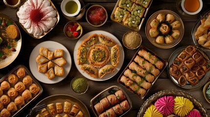 Top view of various indian sweets and pastries on wooden table
