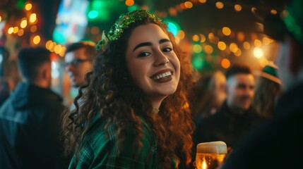 Portrait of smiling woman with beer celebrating St. Patrick's Day in pub. St. Patrick's Day celebration