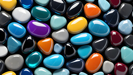 3d glassy color pile of stone pebbles isolated on a black background. 