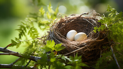 Naklejka na ściany i meble Delicate Beginnings: A Beautiful Snapshot of a Bird's Nest Housing Nature's Treasured Eggs Amid Lush Greenery