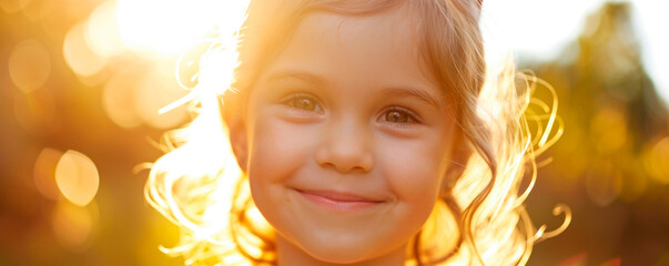Fototapeta premium Close up portrait of little girl smiling in backlight. AI generated.