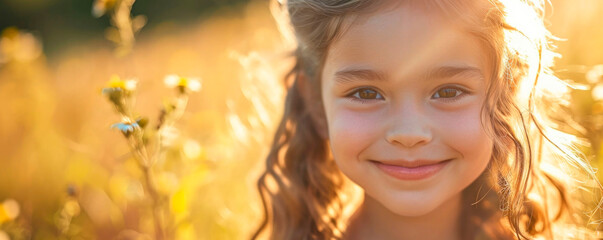 Fototapeta premium Close up portrait of little girl smiling in backlight. AI generated.