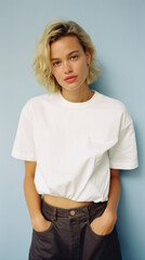 Obraz premium Young pretty cool trendy woman gen z model wearing tshirt looking at camera standing on color background. Face skin care cosmetics makeup, fashion ads. Beauty portrait. White t-shirt mock up template 